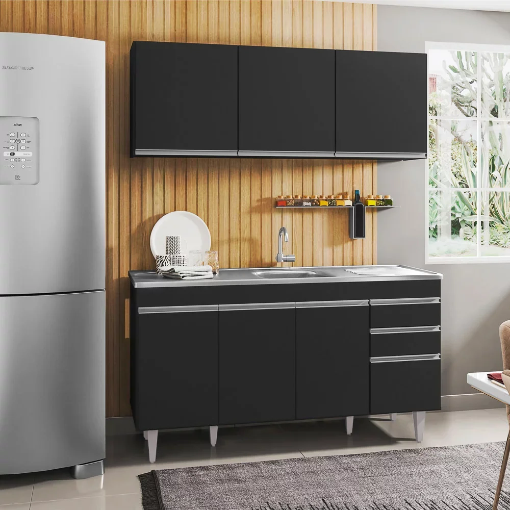 Armário Aéreo Argélia e Balcão Gabinete com Pia Inox Marrocos 150cm Preto - Lumil Móveis