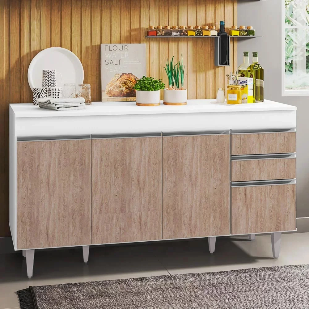 Balcão Gabinete Para Pia 150cm com Tampo 4 Portas 2 Gavetas Marrocos Branco/Castanho - Lumil