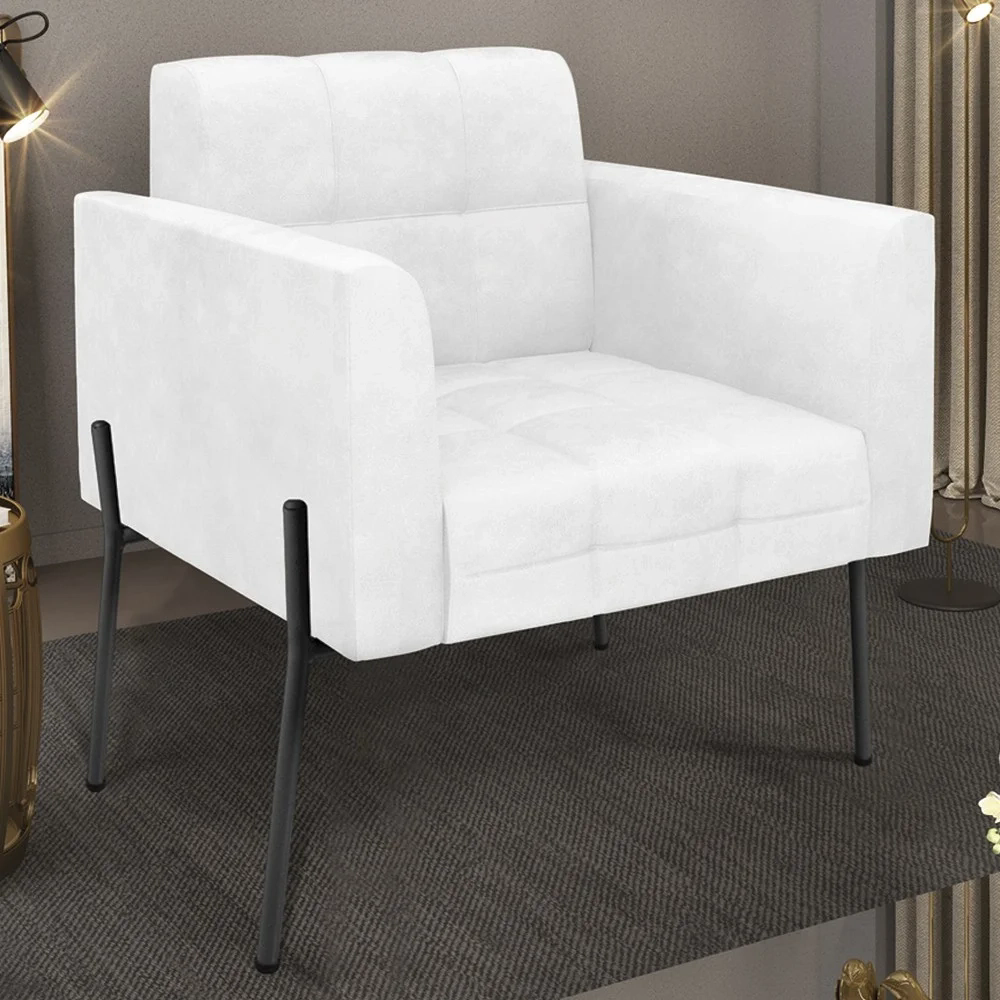 Poltrona Para Sala Pés Metálicos Preto Ana Sintético Branco - Ibiza