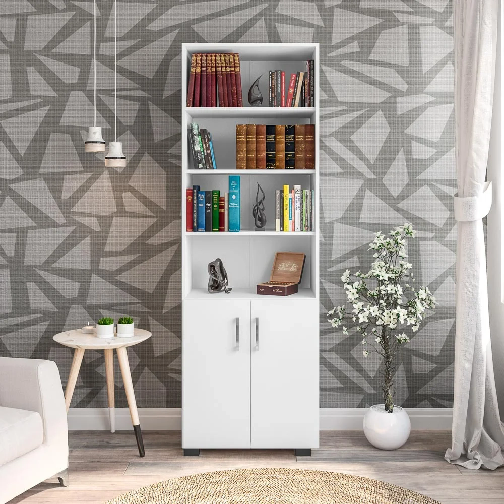 Estante Livreiro 2 Portas Pequenas 6 Prateleiras Office Branco White  Móveis Leão