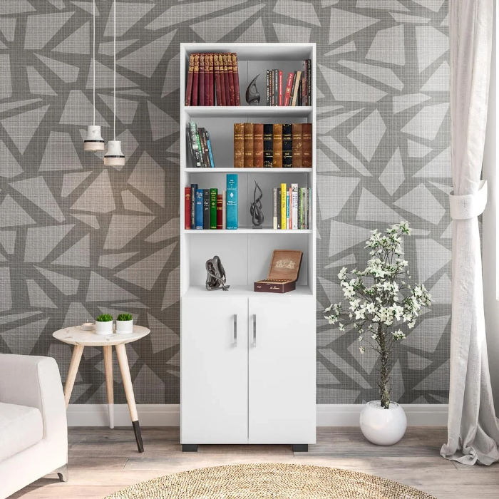 Estante Livreiro 2 Portas Pequenas 6 Prateleiras Office Branco White  Móveis Leão