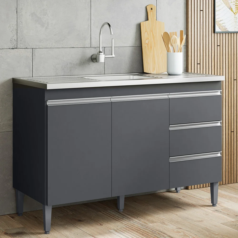 Balcão Gabinete com Pia Inox 120cm Andréia 2 Portas Cinza – AJL Móveis