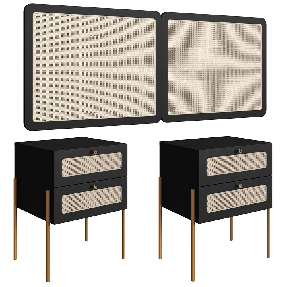 Cabeceira Casal Queen e 2 Mesas Pé Metal Arlo A10  Nero/Dourado - Mpozenato