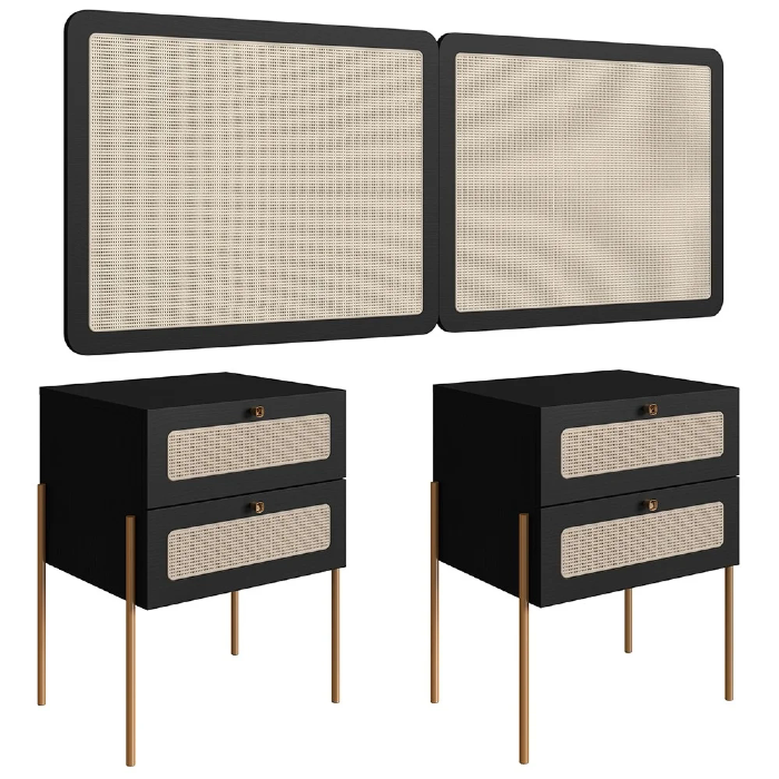 Cabeceira Casal Queen e 2 Mesas Pé Metal Arlo A10  Nero/Dourado - Mpozenato