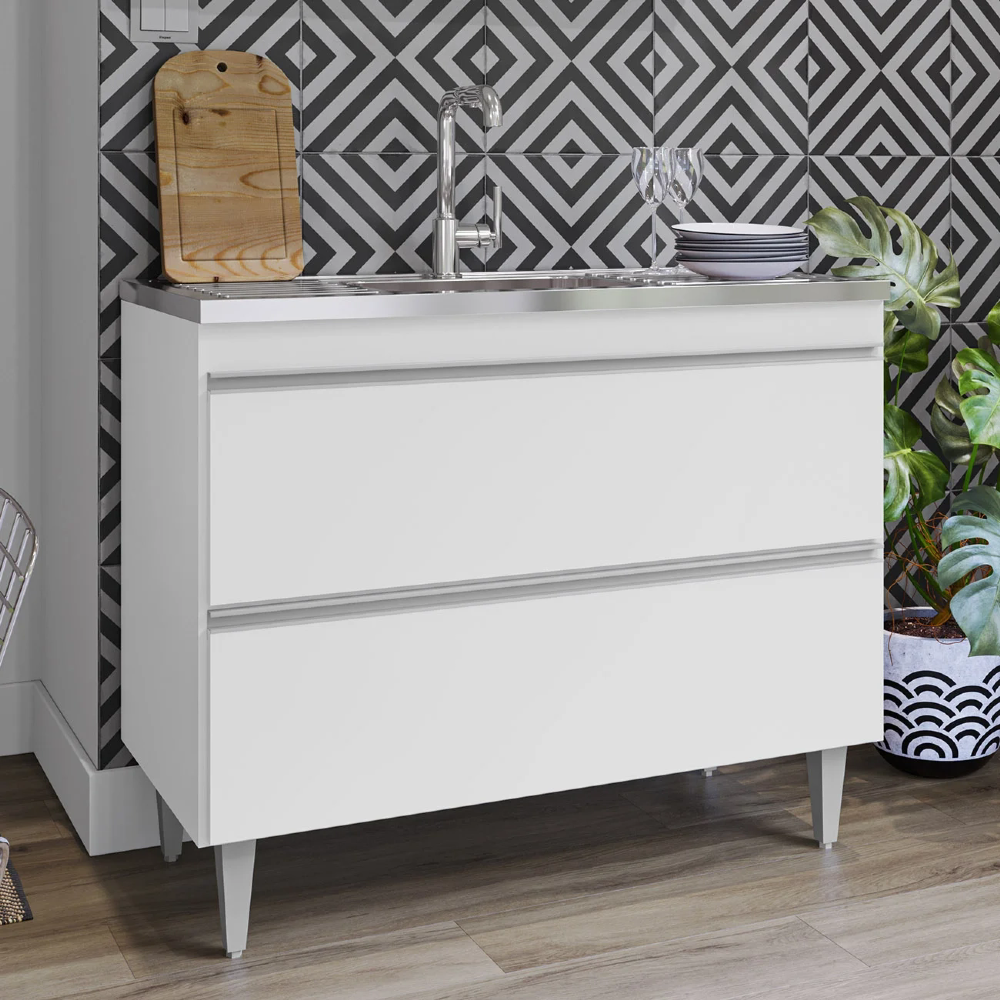 Balcão de Cozinha Com Pia Inox 100cm Julia Z34 Branco       - Mpozenato