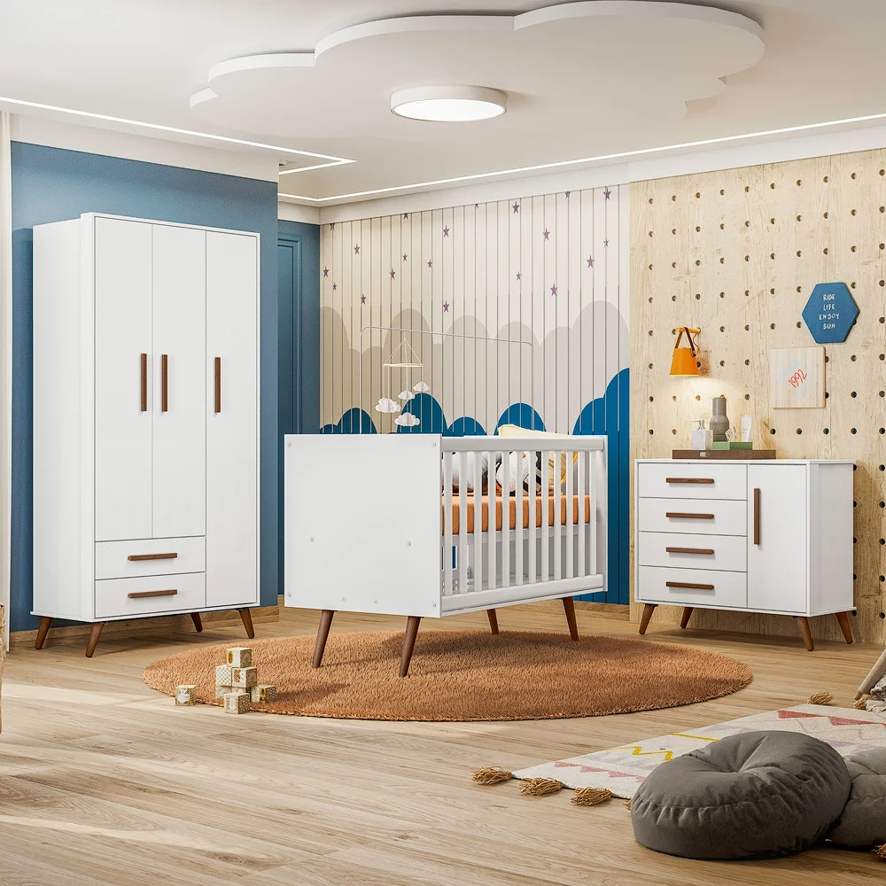 Quarto Infantil 3 Peças com Berço Q Encanto Retrô Branco - Qmovi