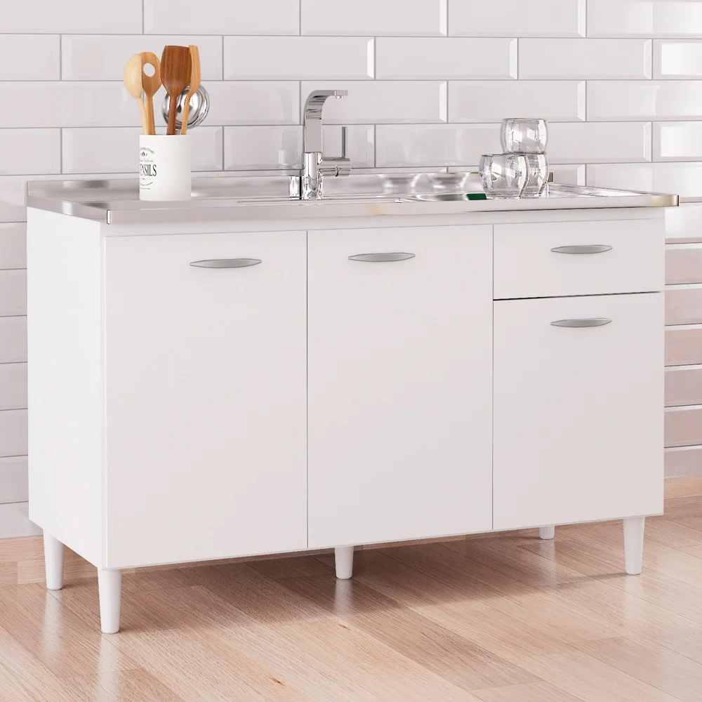 Balcão de Cozinha Com Pia Inox 120cm Classic Z46 Branco - Mpozenato