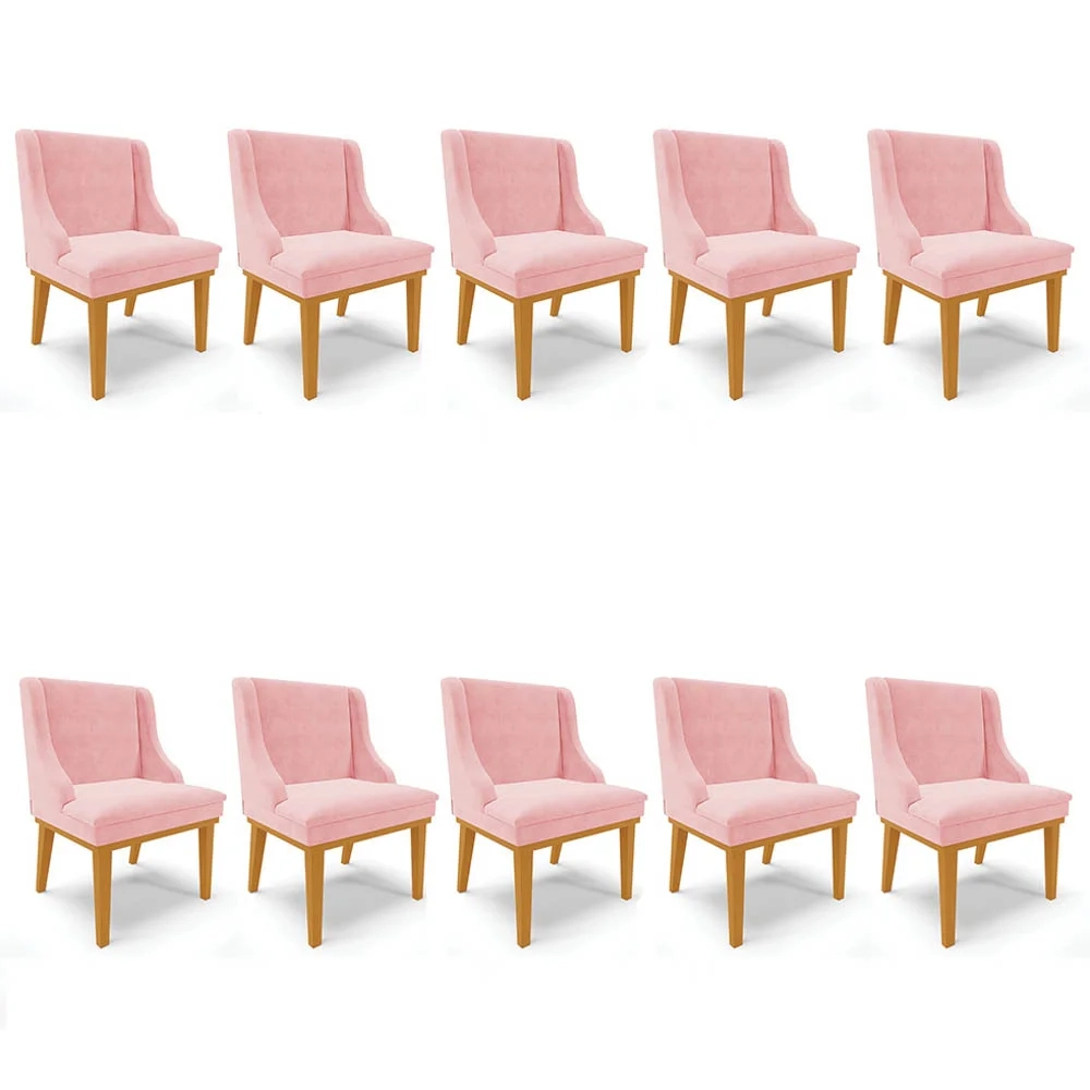 Kit 10 Cadeiras Estofadas para Sala de Jantar Base Fixa de Madeira Castanho Lia Suede Rosa bebê - Ibiza