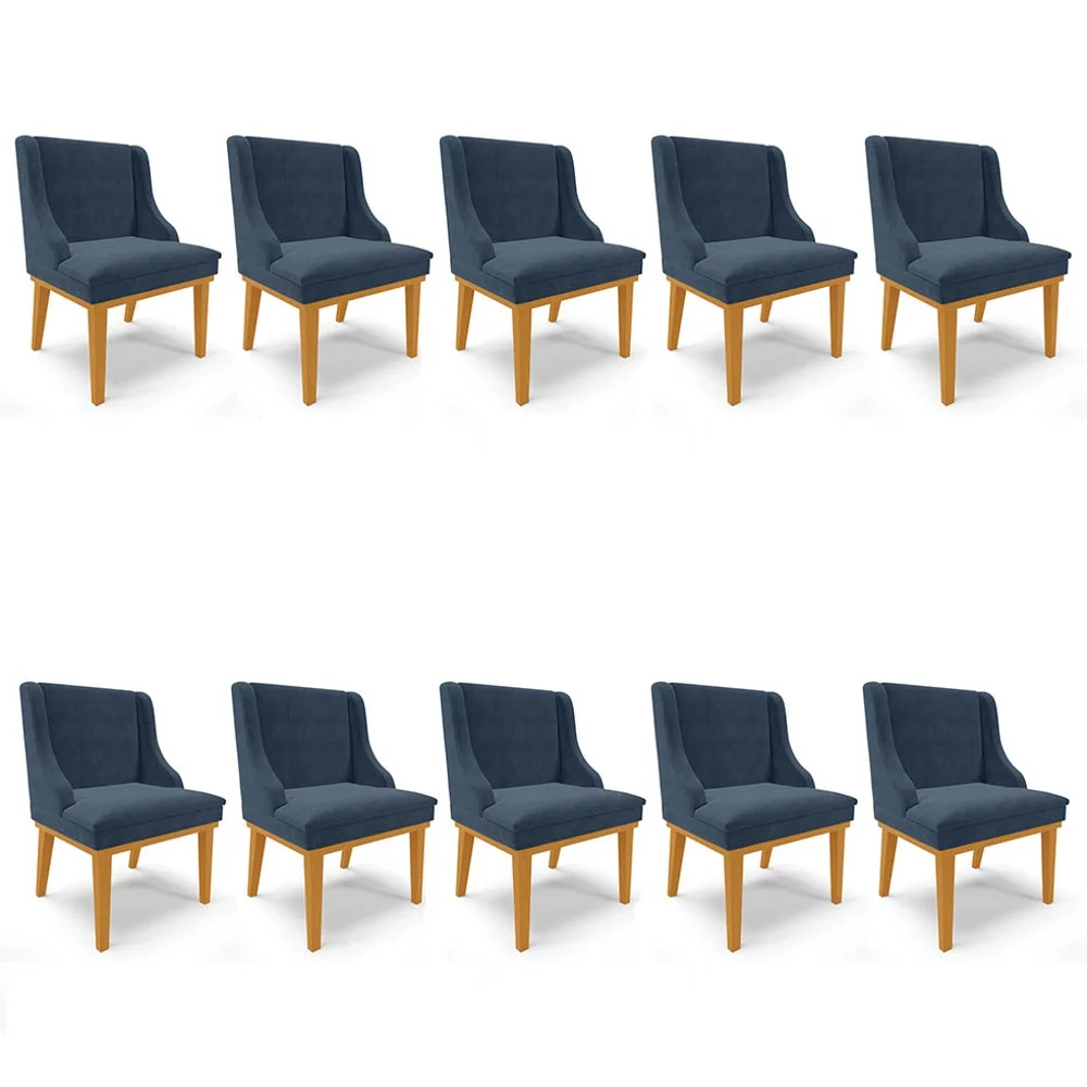 Kit 10 Cadeiras Estofadas para Sala de Jantar Base Fixa de Madeira Castanho Lia Suede Azul Marinho - Ibiza
