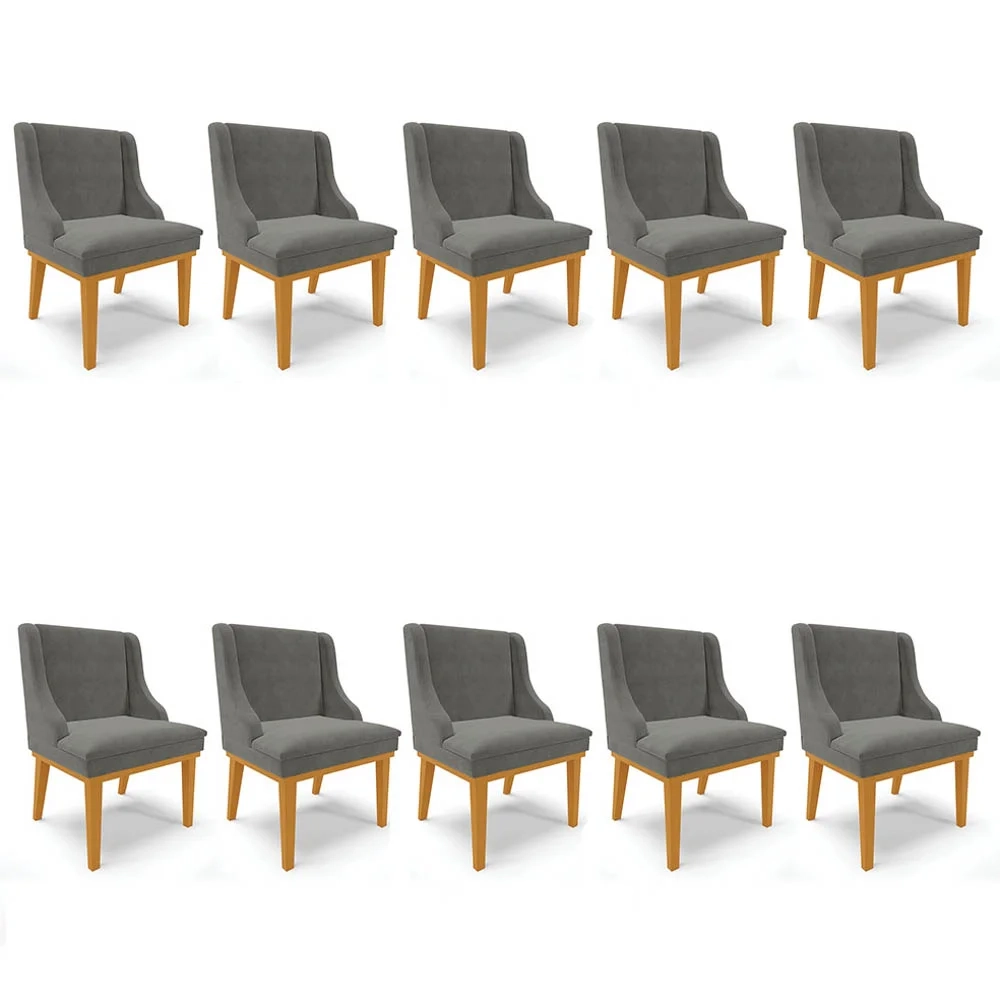 Kit 10 Cadeiras Estofadas para Sala de Jantar Base Fixa de Madeira Castanho Lia Suede Grafite - Ibiza