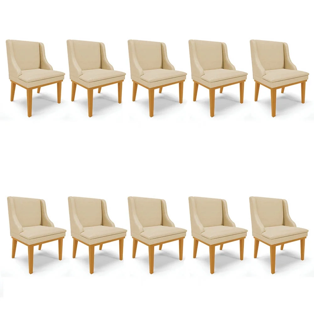 Kit 10 Cadeiras Estofadas para Sala de Jantar Base Fixa de Madeira Castanho Lia Veludo Off White - Ibiza