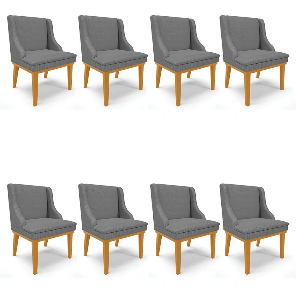 Kit 8 Cadeiras Estofadas para Sala de Jantar Base Fixa de Madeira Castanho Lia Veludo Grafite - Ibiza