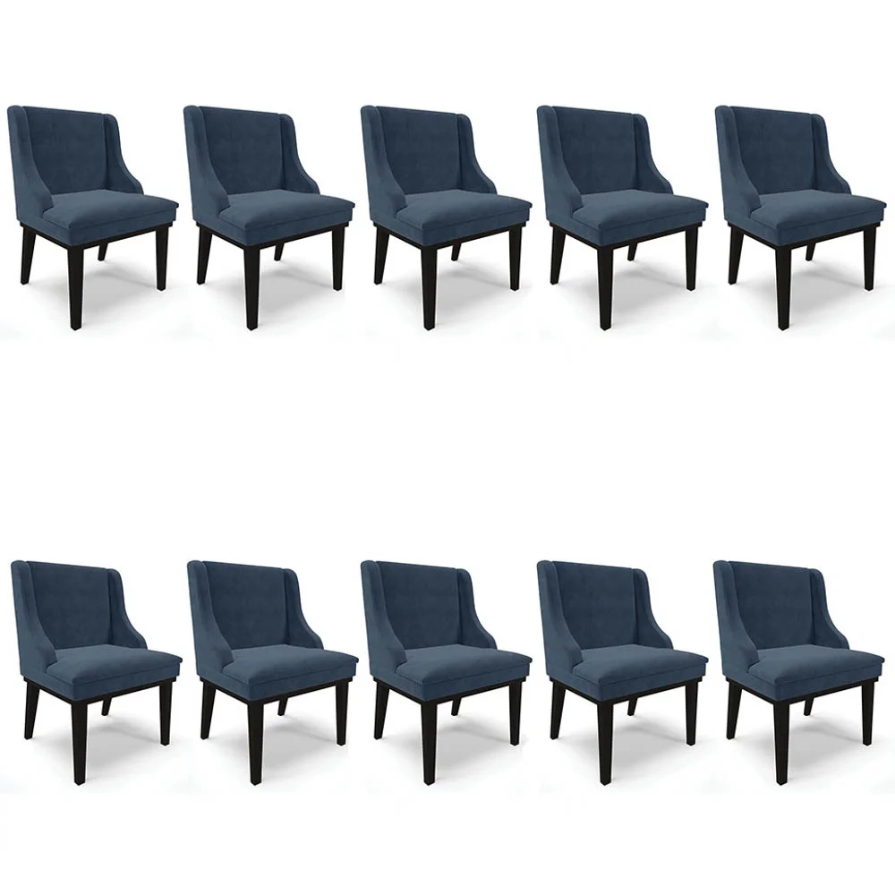 Kit 10 Cadeiras Estofadas para Sala de Jantar Base Fixa de Madeira Preto Lia Suede Azul Marinho - Ibiza
