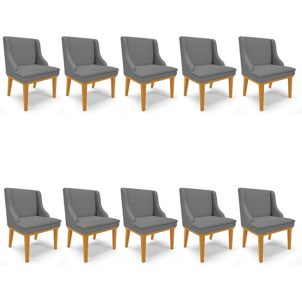 Kit 10 Cadeiras Estofadas para Sala de Jantar Base Fixa de Madeira Castanho Lia Veludo Grafite - Ibiza