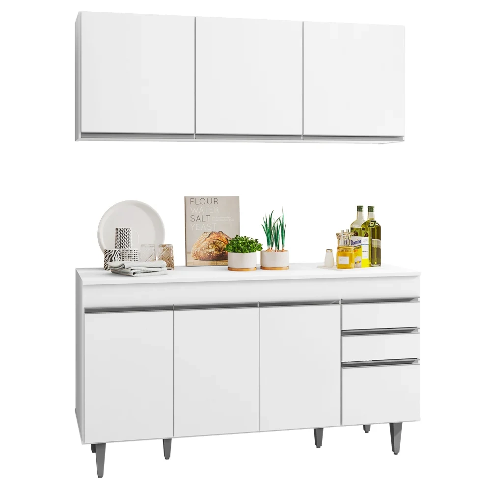 Armário Aéreo Argélia e Balcão Gabinete Para Pia 150cm com Tampo Marrocos  Branco - Lumil Móveis
