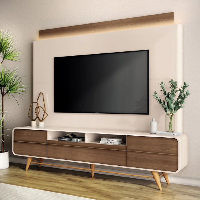 Estante Painel de TV 85 Pol 220cm Évora H01 Castanho/Off White - Mpozenato