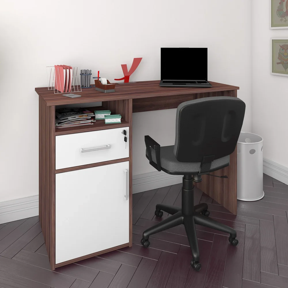 Escrivaninha Mesa para Escritório 1 Porta 1 Gaveta Mobile Hall Ipê/Branco  Artany