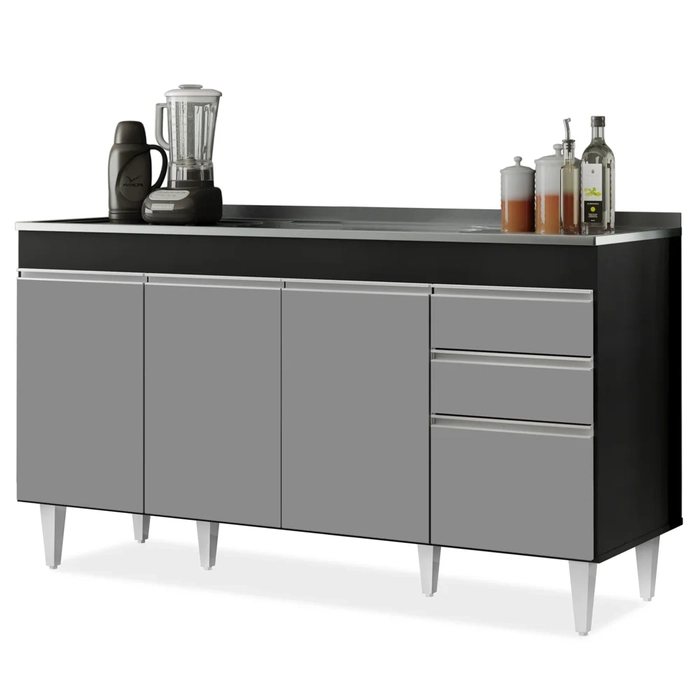 Balcão Gabinete com Pia Inox 150cm Marrocos Preto/Cinza - Lumil
