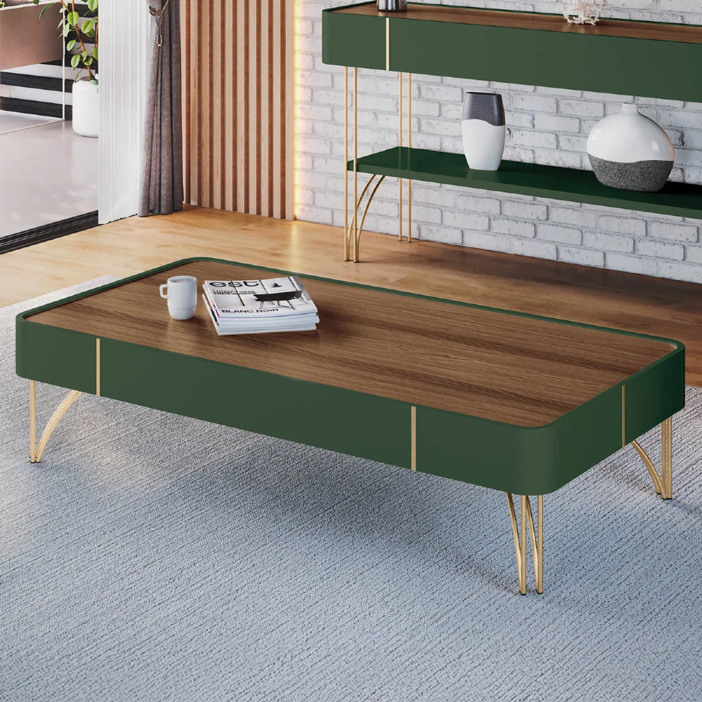 Mesa de Centro Para Sala Pés de Aço Cadenza Pistache/Castanho - HB Móveis