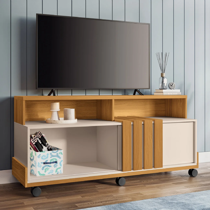 Rack Bancada de TV 50 Pol 136cm Graci Cinamomo/Off White - HB Móveis