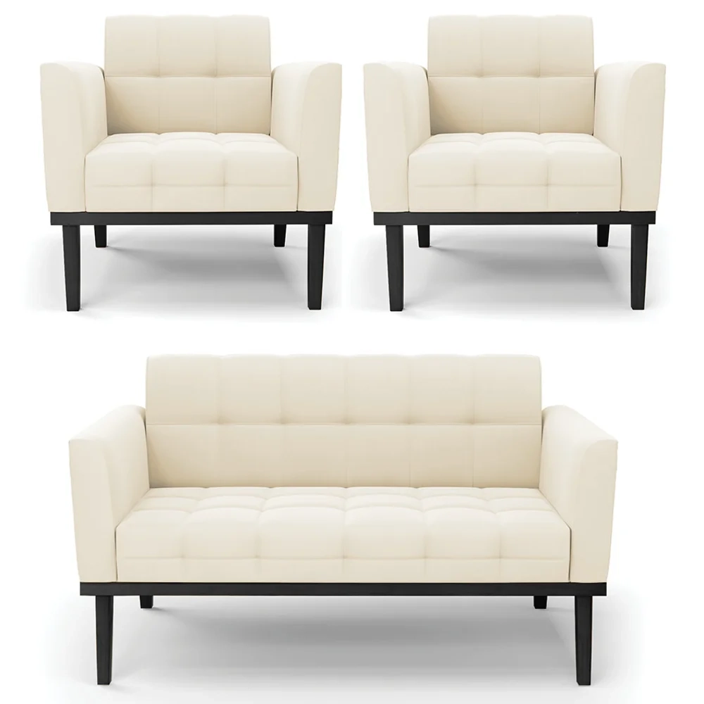 Sofá Namoradeira e 2 Poltronas Base Madeira Preto Ana Veludo Bege - Ibiza