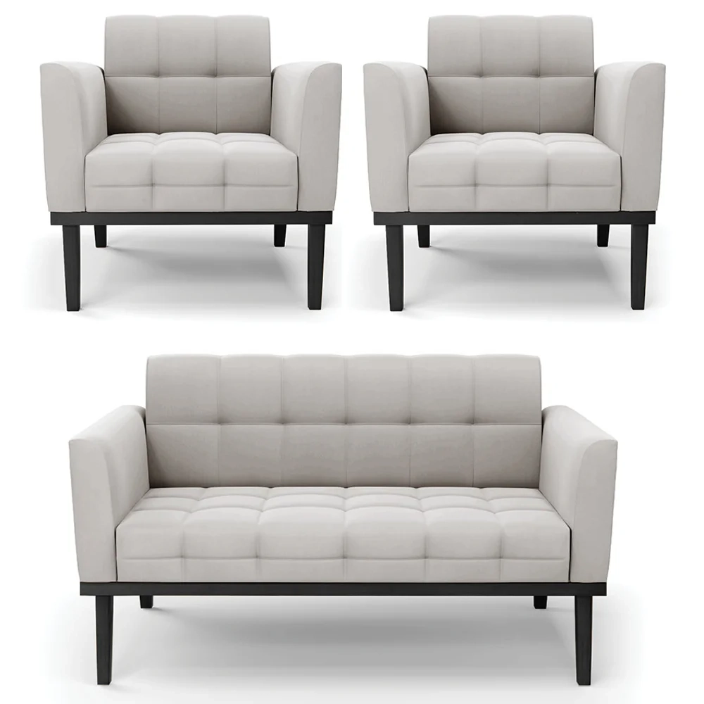 Sofá Namoradeira e 2 Poltronas Base Madeira Preto Ana Veludo Cinza - Ibiza