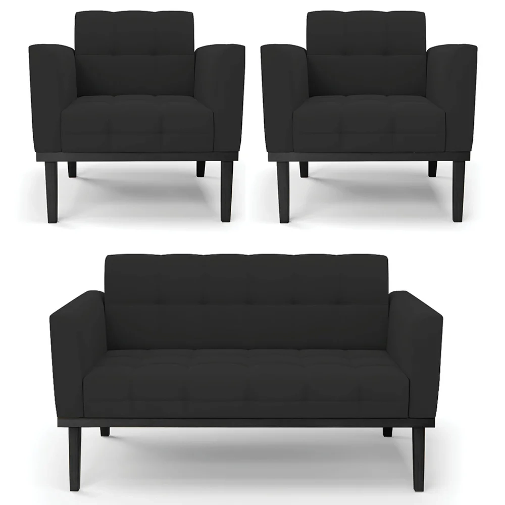 Sofá Namoradeira e 2 Poltronas Base Madeira Preto Ana Veludo Preto - Ibiza