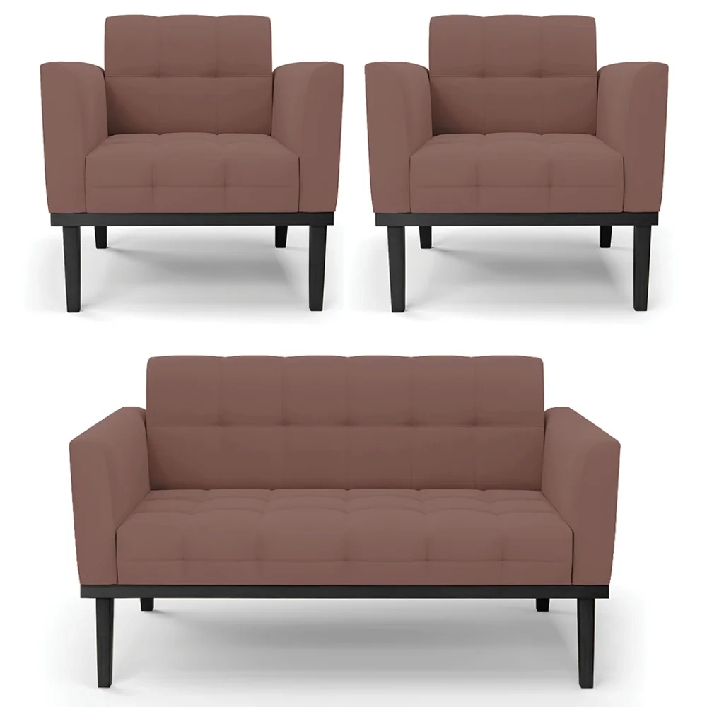 Sofá Namoradeira e 2 Poltronas Base Madeira Preto Ana Veludo Rosê - Ibiza