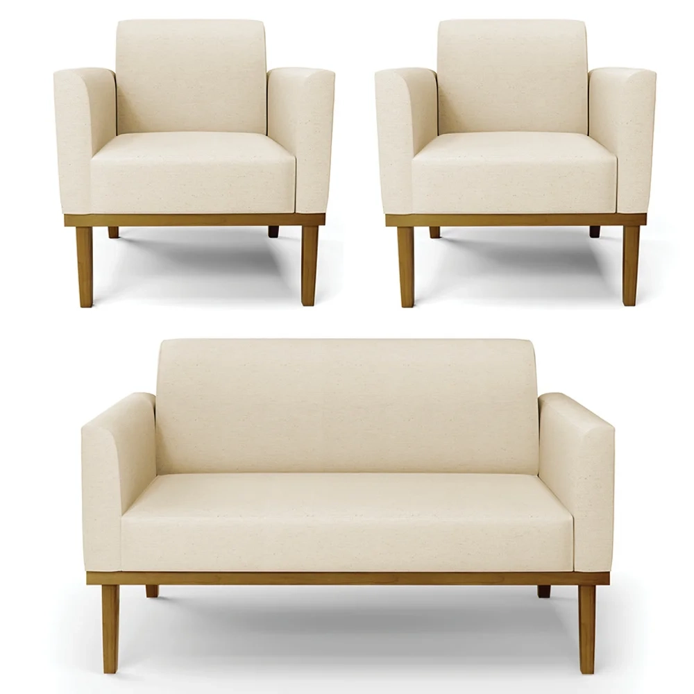 Sofá Namoradeira e 2 Poltronas Base Madeira Castanho Maressa Linho Bege - Ibiza