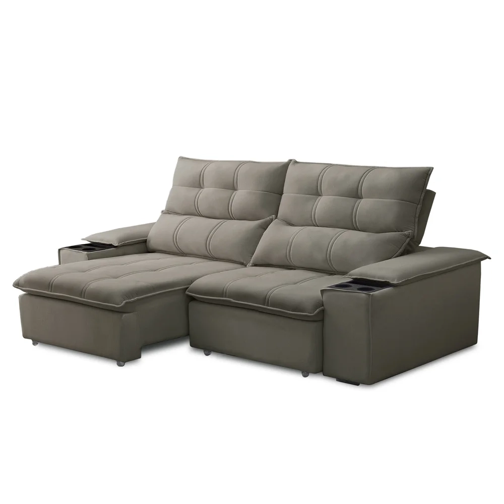Sofá Retrátil 3 Lugares com Porta Copo 210cm Malta F05 Veludo Marrom - Mpozenato