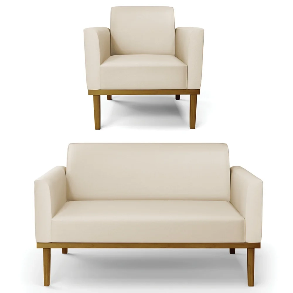 Sofá Namoradeira e 1 Poltrona Base Madeira Castanho Maressa Sintético Bege - Ibiza