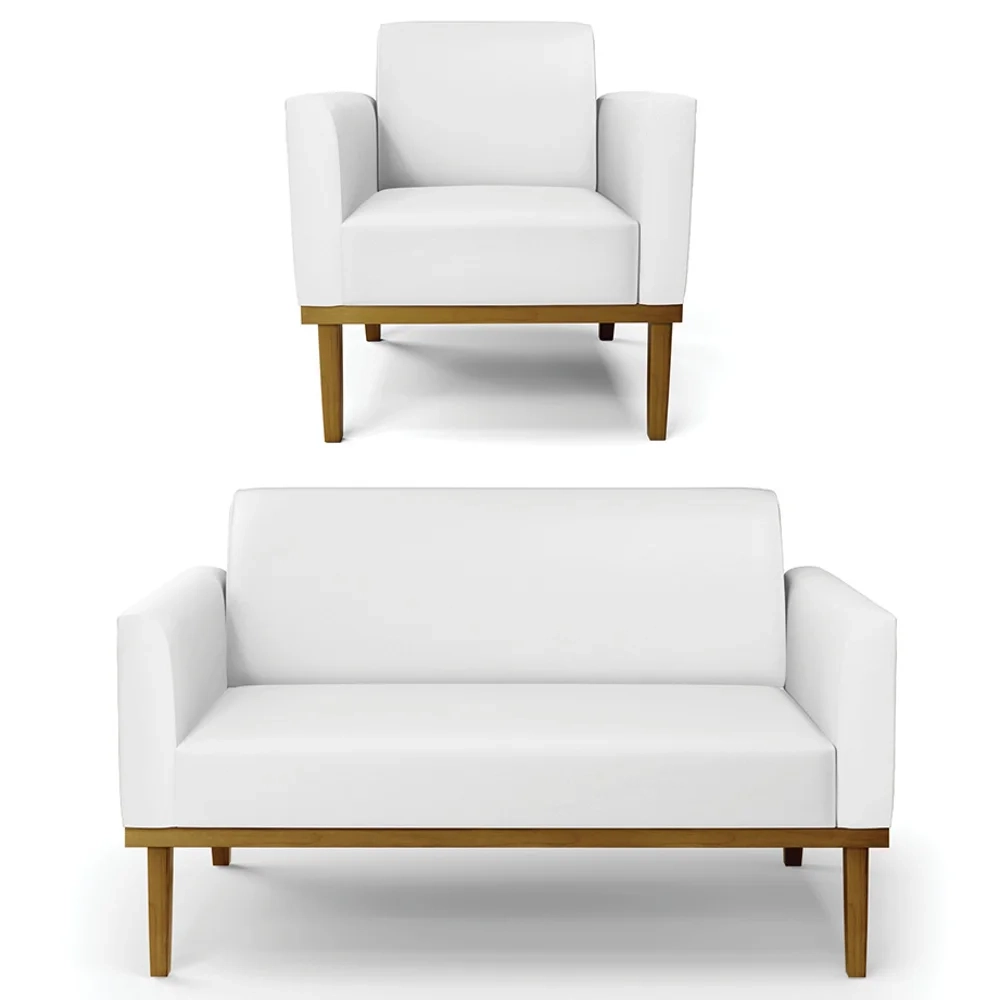 Sofá Namoradeira e 1 Poltrona Base Madeira Castanho Maressa Sintético Branco - Ibiza