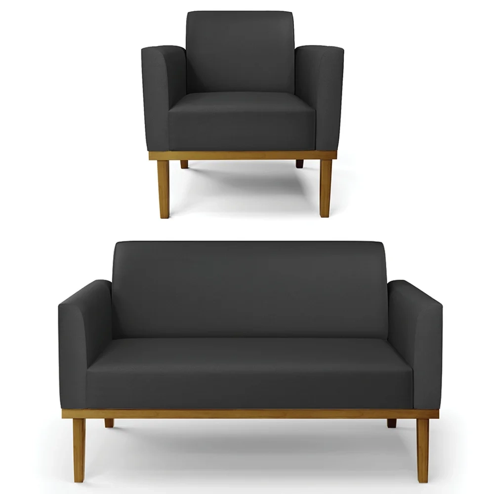 Sofá Namoradeira e 1 Poltrona Base Madeira Castanho Maressa Sintético Preto - Ibiza