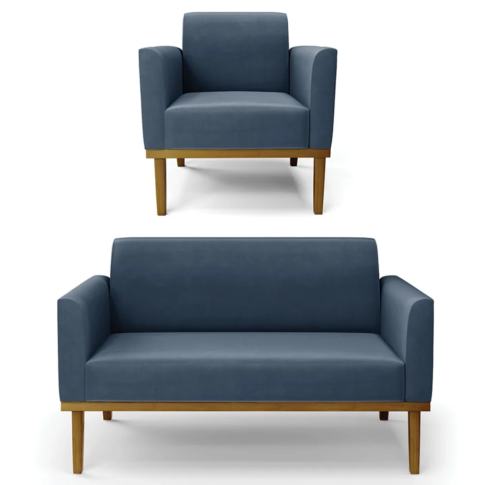 Sofá Namoradeira e 1 Poltrona Base Madeira Castanho Maressa Suede Azul Marinho - Ibiza