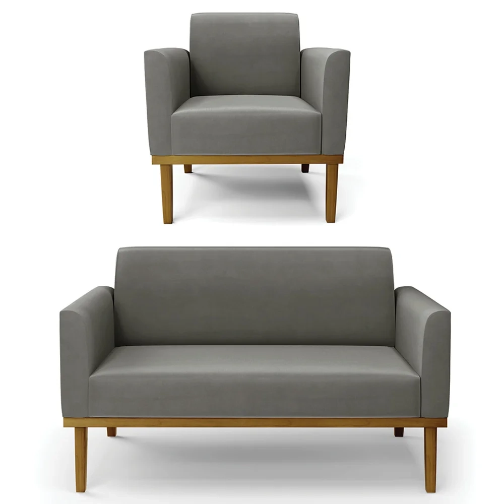 Sofá Namoradeira e 1 Poltrona Base Madeira Castanho Maressa Suede Grafite - Ibiza