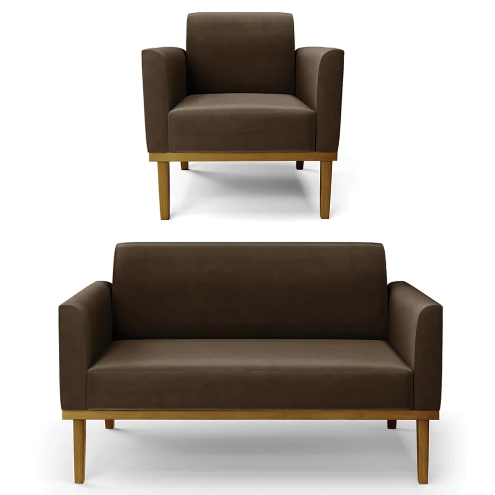 Sofá Namoradeira e 1 Poltrona Base Madeira Castanho Maressa Suede Marrom - Ibiza