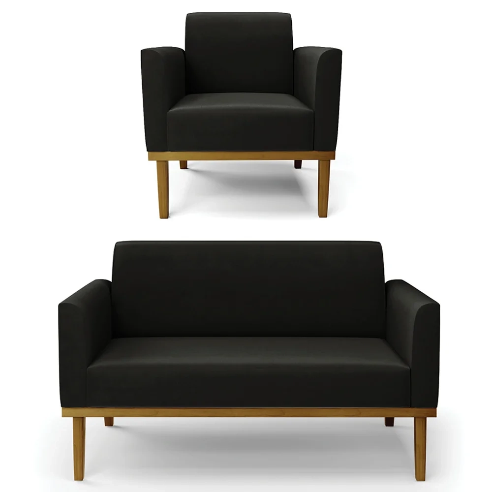 Sofá Namoradeira e 1 Poltrona Base Madeira Castanho Maressa Suede Preto - Ibiza