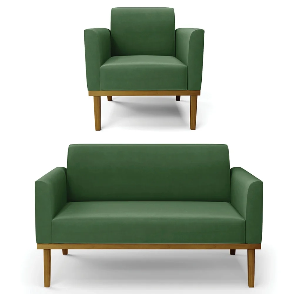 Sofá Namoradeira e 1 Poltrona Base Madeira Castanho Maressa Suede Verde - Ibiza