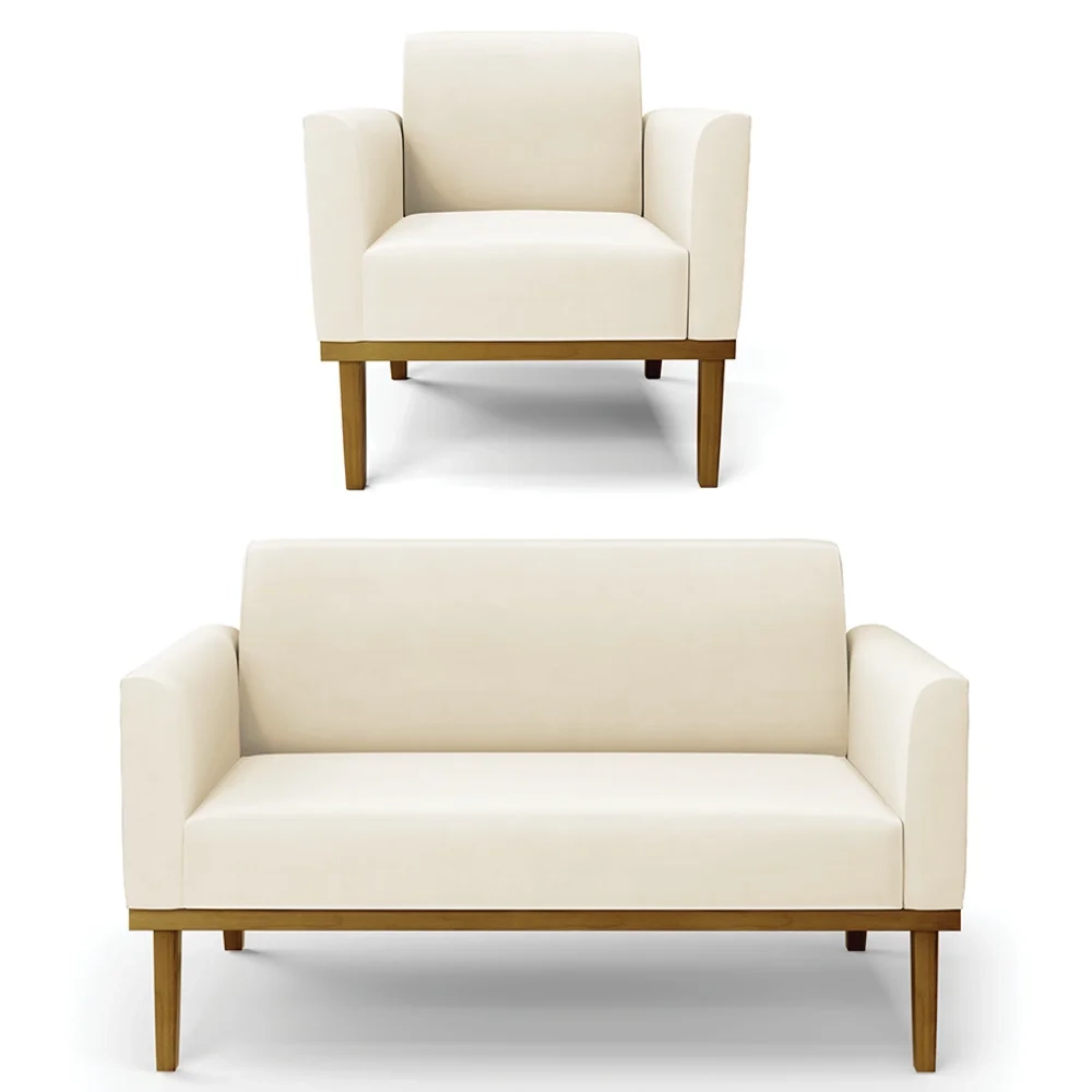 Sofá Namoradeira e 1 Poltrona Base Madeira Castanho Maressa Veludo Bege - Ibiza