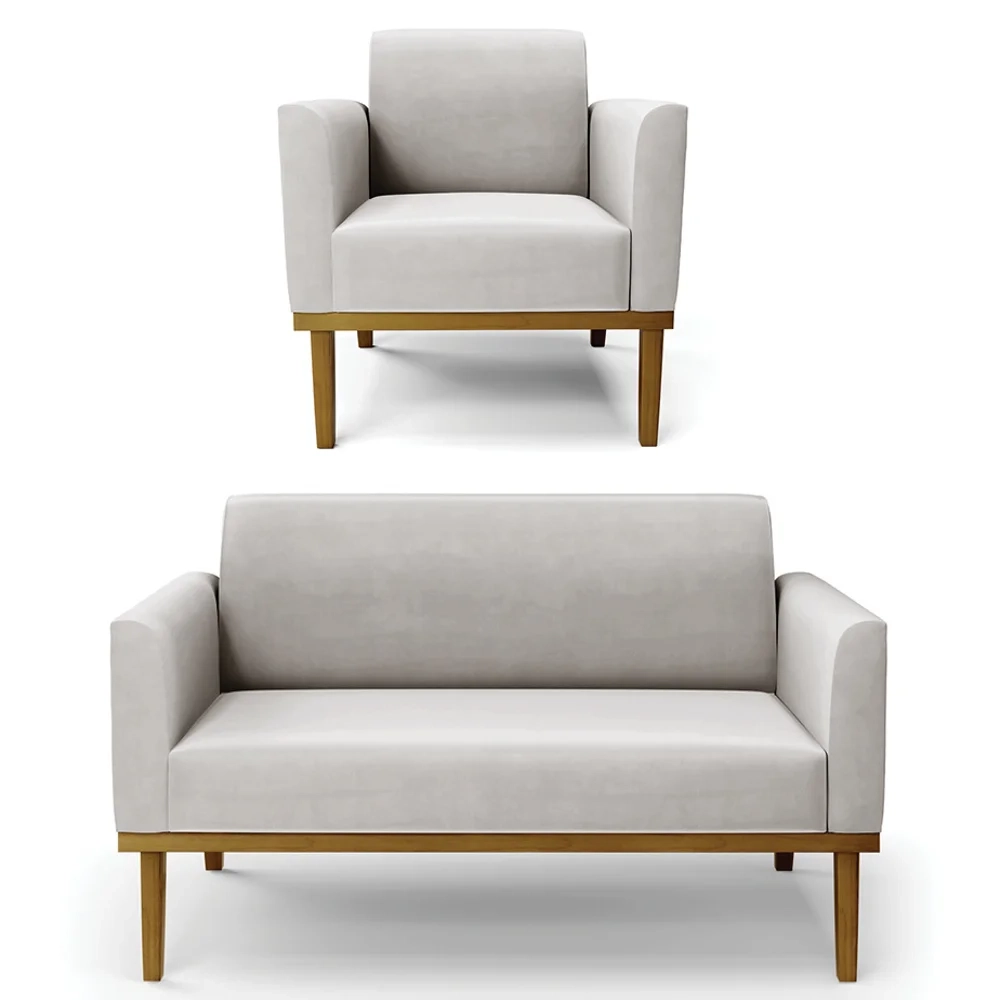 Sofá Namoradeira e 1 Poltrona Base Madeira Castanho Maressa Veludo Cinza - Ibiza