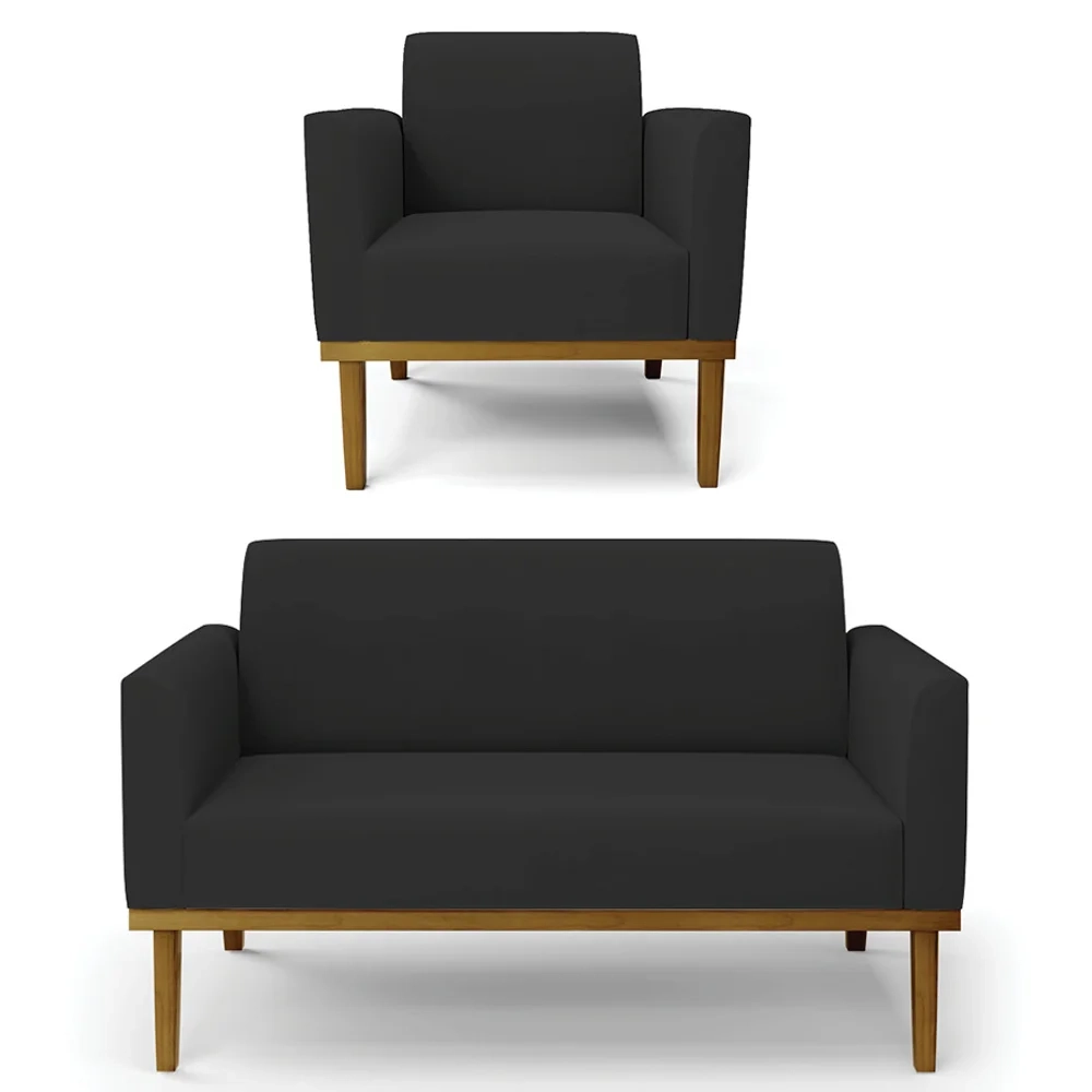 Sofá Namoradeira e 1 Poltrona Base Madeira Castanho Maressa Veludo Preto - Ibiza