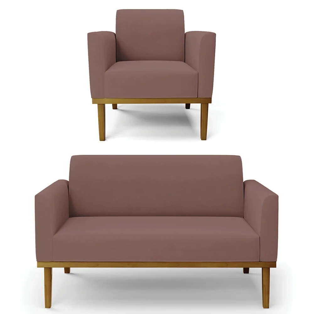 Sofá Namoradeira e 1 Poltrona Base Madeira Castanho Maressa Veludo Rosê - Ibiza