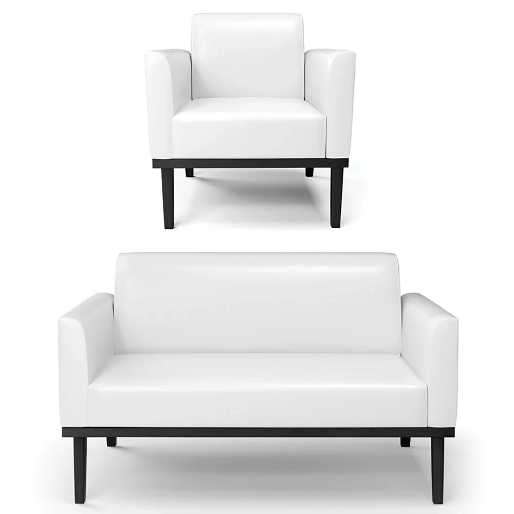 Sofá Namoradeira e 1 Poltrona Base Madeira Preto Maressa Sintético PU Branco - Ibiza