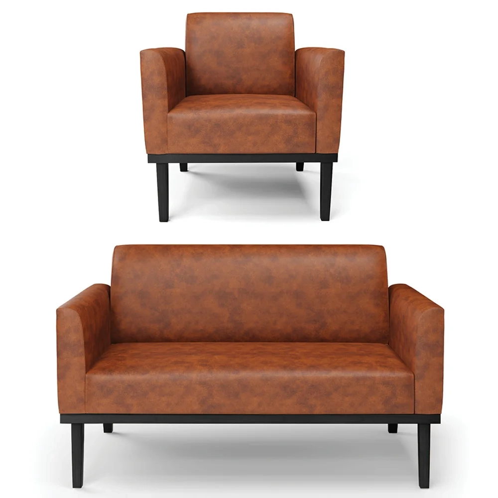 Sofá Namoradeira e 1 Poltrona Base Madeira Preto Maressa Sintético PU Nozes - Ibiza