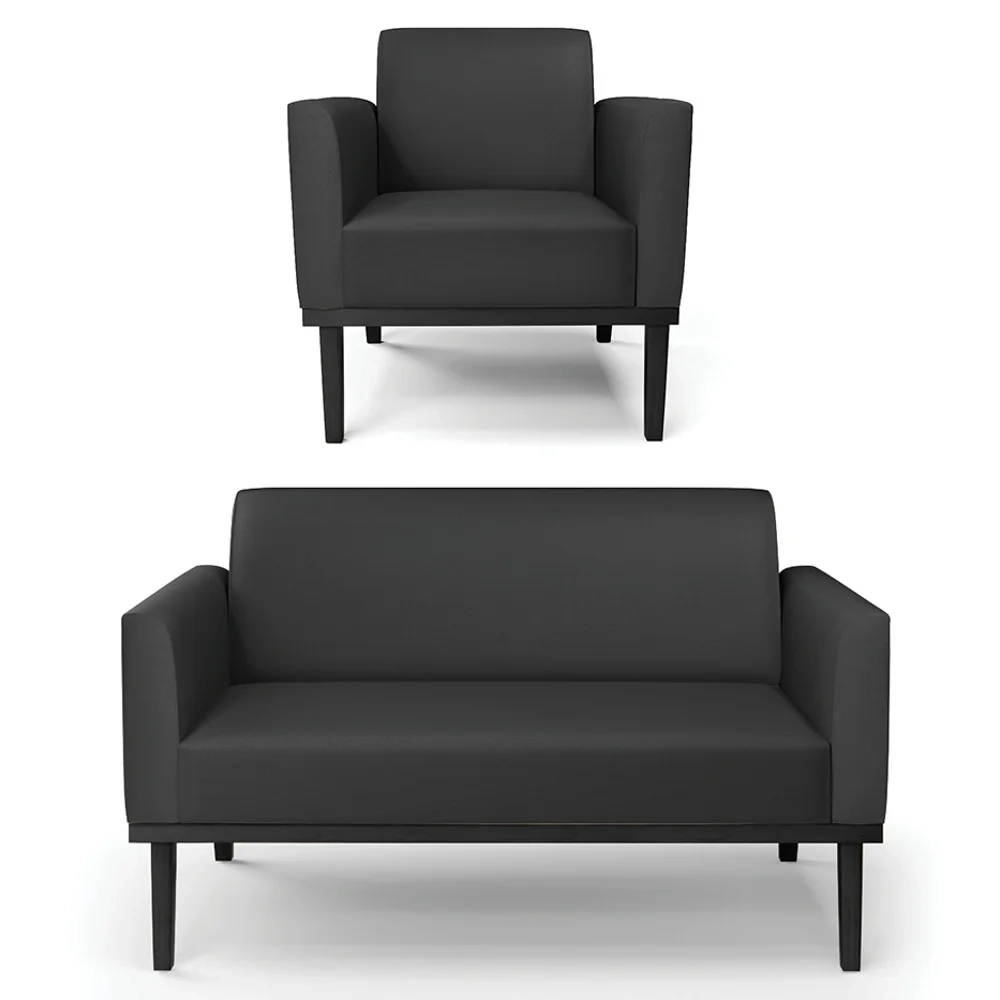 Sofá Namoradeira e 1 Poltrona Base Madeira Preto Maressa Sintético Preto - Ibiza