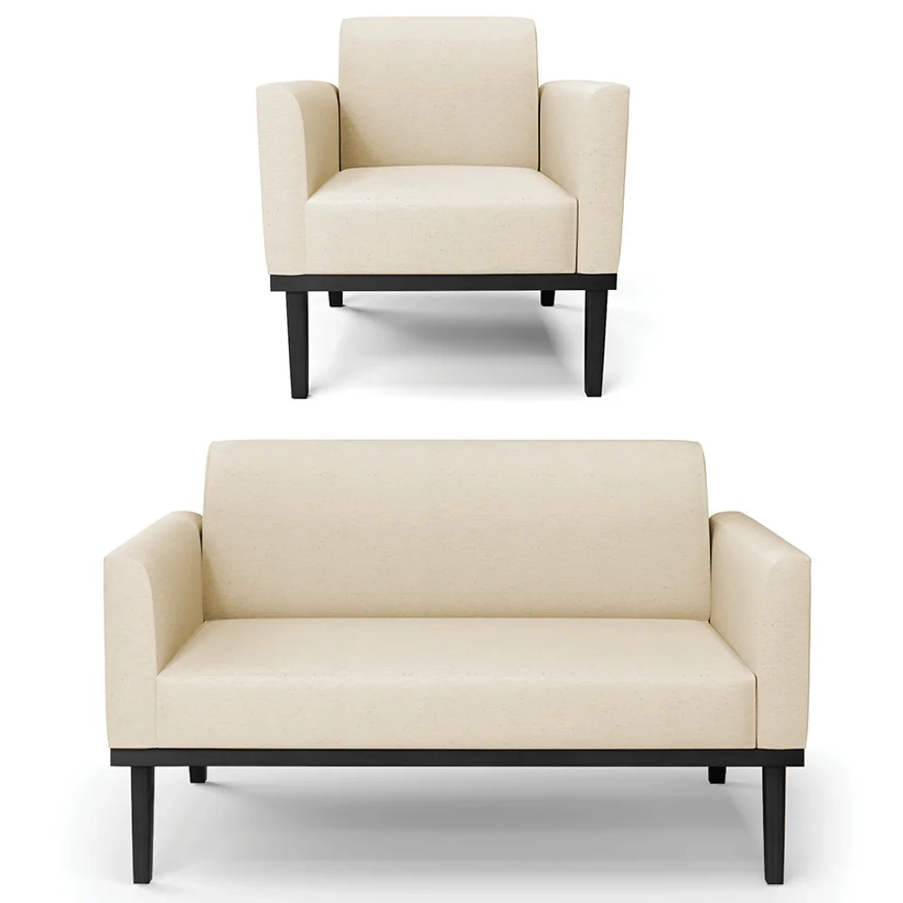 Sofá Namoradeira e 1 Poltrona Base Madeira Preto Maressa Linho Bege - Ibiza