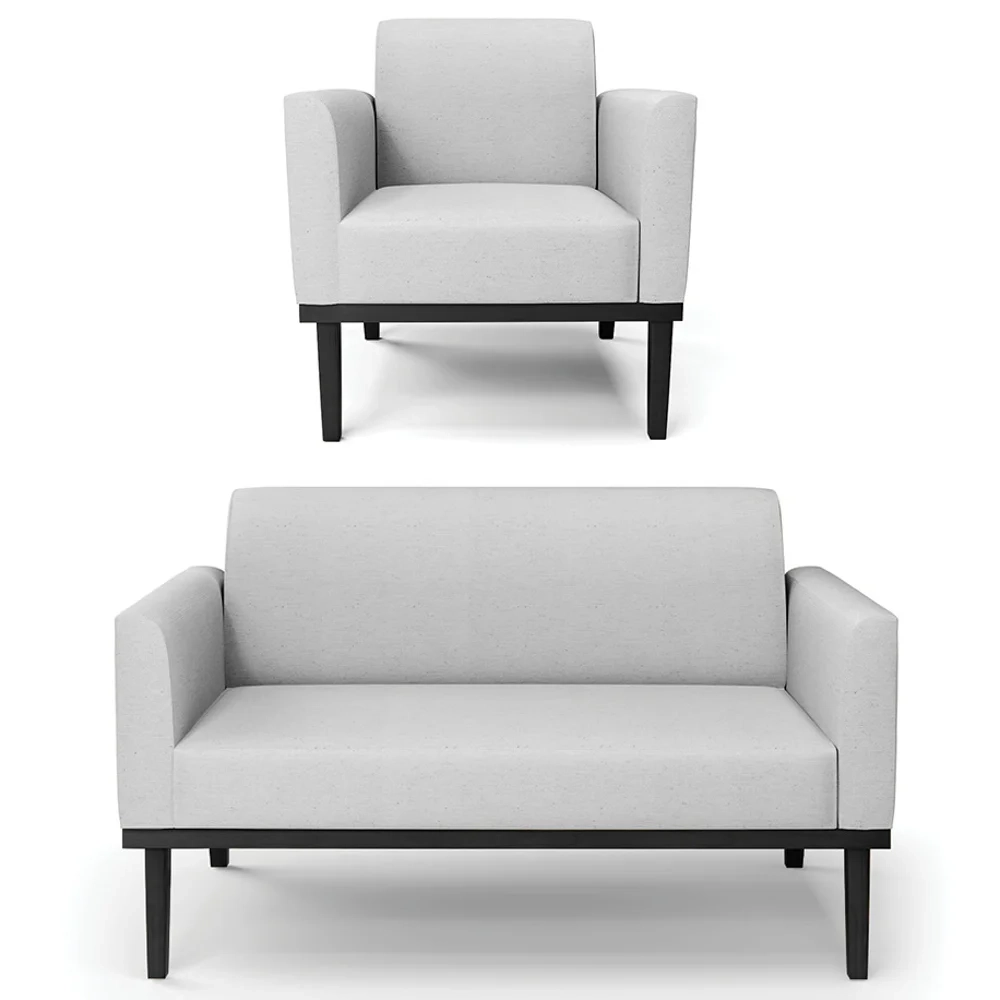 Sofá Namoradeira e 1 Poltrona Base Madeira Preto Maressa Linho Cinza - Ibiza