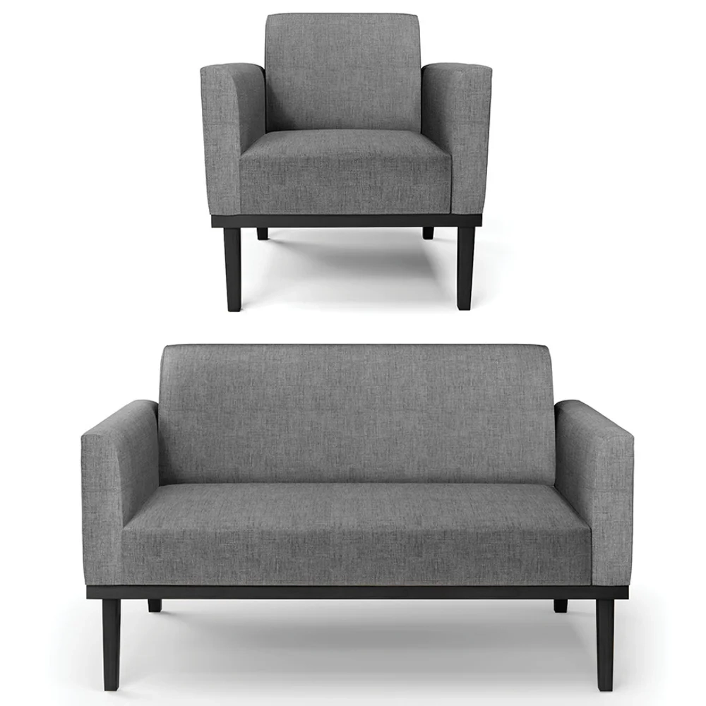 Sofá Namoradeira e 1 Poltrona Base Madeira Preto Maressa Linho Grafite - Ibiza