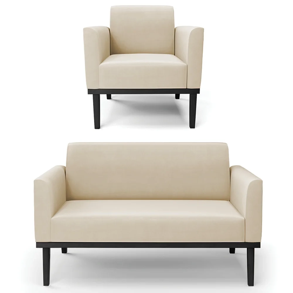 Sofá Namoradeira e 1 Poltrona Base Madeira Preto Maressa Suede Bege - Ibiza