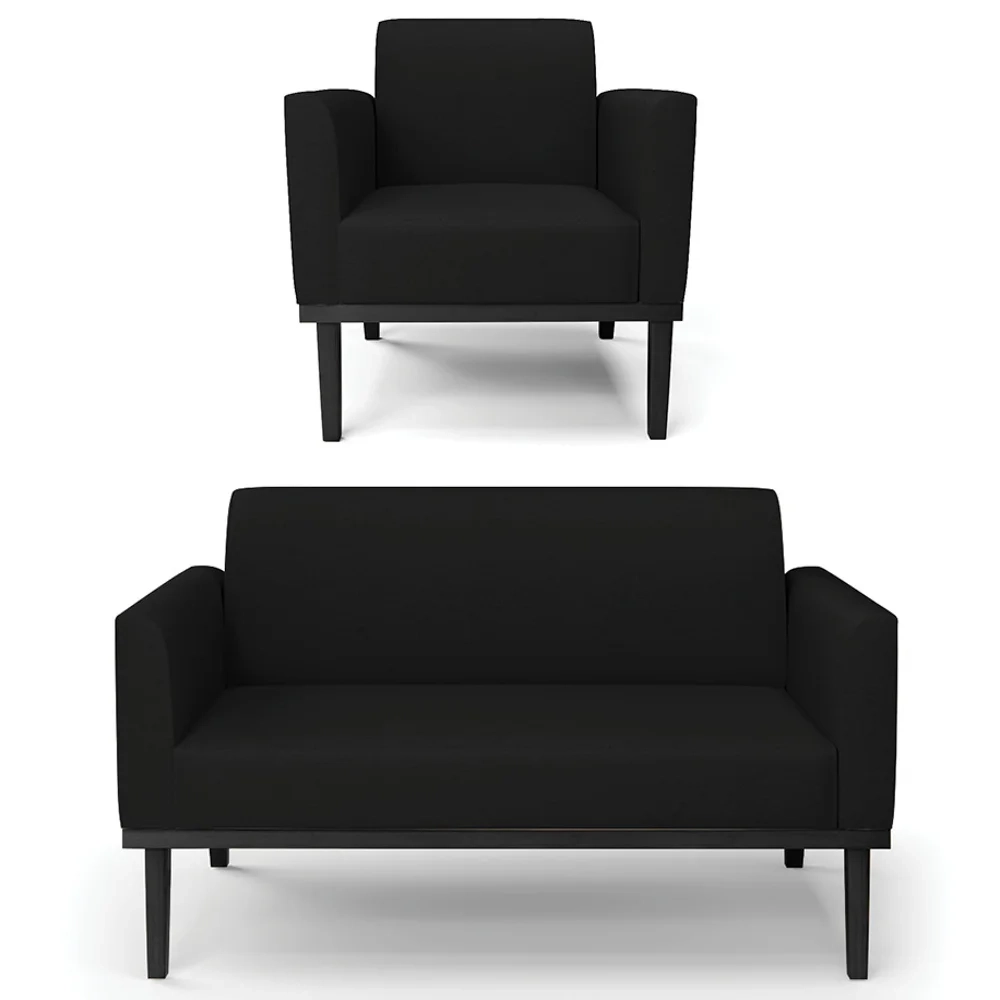 Sofá Namoradeira e 1 Poltrona Base Madeira Preto Maressa Linho Preto - Ibiza